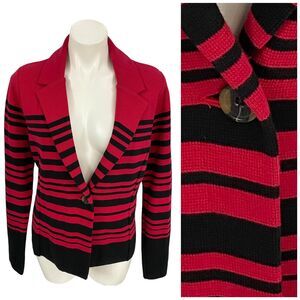 Audrey & Grace Blazer Womens Large Jacket Knit Red Black Stripe Office Sporty